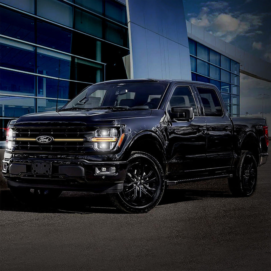 2024-2025 Ford F-150 XLT LED Center-Grille Bar – White DRL Strip, IP67, Bolt-On, Black or Silver Frame
